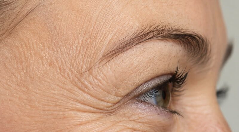 Close up of crow's feet and fine lines around the eye.