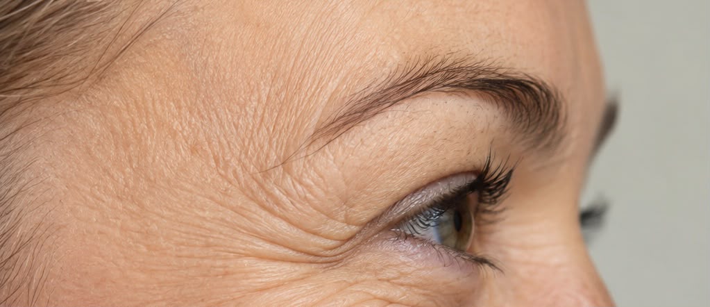 Close up of crow's feet and fine lines around the eye.